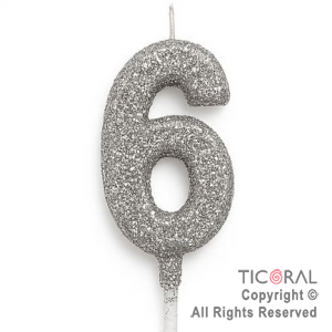 VELA NUMERAL CHICO 5.5 CM CON GIBRE PLATA NUMERO 6 x 1